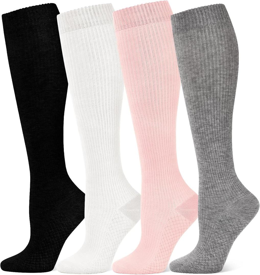 Breslatte Cotton Compression Socks for Women Men 8-15 mmHg Comfort&Mild Knee High Wide Calf Support Travel Pregnancy, Large-XL