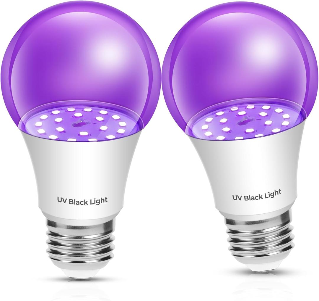EvaStary LED Black Light Bulbs, 10W A19 Black Light Bulb for Halloween Decor, LED UVA 380-400nm UV Black Lights, E26 Base Blacklight Glow in Dark, Body Paint Fluorescent Poster Glow Party, 2 Pack