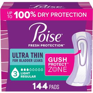 Poise Ultra Thin Incontinence Pads for Women, 3 Drop, 144 ct