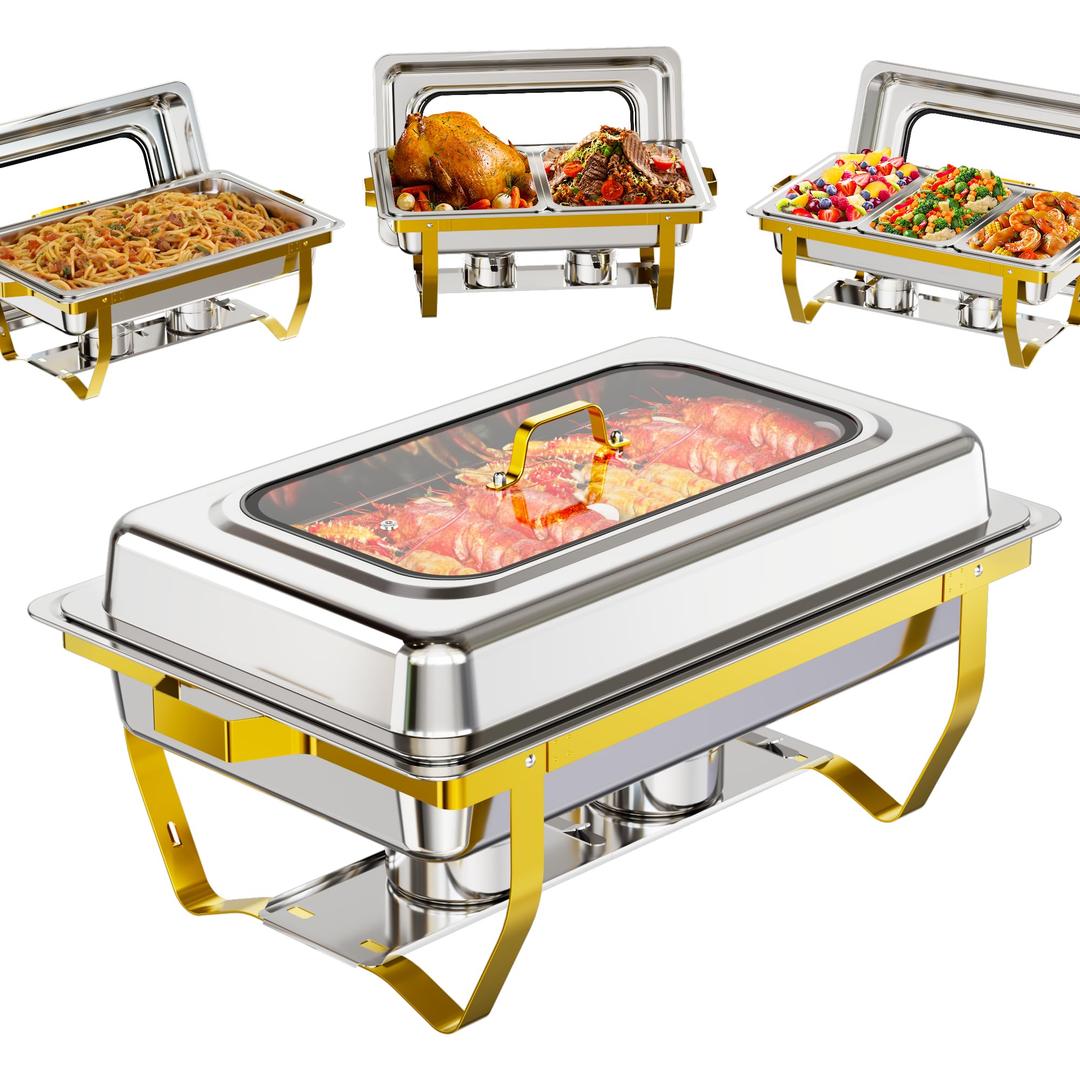 Chafing Dishes for Buffet 4 Pack with 7 Pans, 9.5QT [Clear Glass Lid] Stainless Steel Buffet Servers and Warmers, Rectangular [Sturdy & Rolled Edge] Food Warmers for Parties, Weddings, Catering, Gold