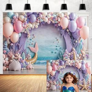 10x8ft Mermaid Backdrop for Girls Birthday Under The Sea Photography Background Purple Pink Balloon Princess Party Decorations Starfish Shells Ocean Baby Shower Banner Cake Decor Photo Booth Props