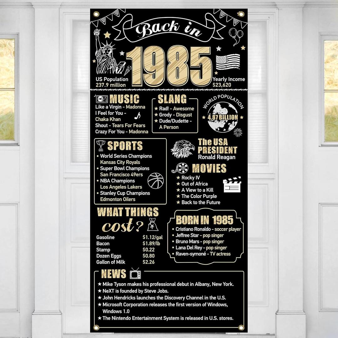 Eiurteao 40th Birthday Decorations Back in 1985 Door Banner for Men Women, Black Gold Happy 40 Birthday Door Cover Party Supplies, 40 Year Old Bday Backdrop Sign Decor for Outdoor Indoor