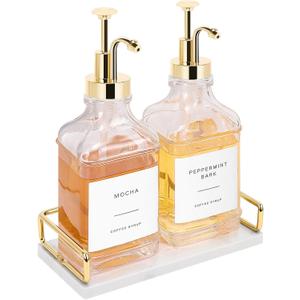 Coffee Syrup Dispenser for Coffee Bar, Clear Glass Syrup Bottles with Pump, Refillable Maple Syrup Storage, Coffee Station Accessories and Organizer, 500ml, Set of 2 + Tray (Gold)