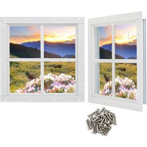Ktondic Shed Window 2 Pack 12'' x 12'' Square White Flush Mount Shed Transom Window with Tempered Glass and Screws for Shed,Chicken Coop,Barns,Playhouse and Garage