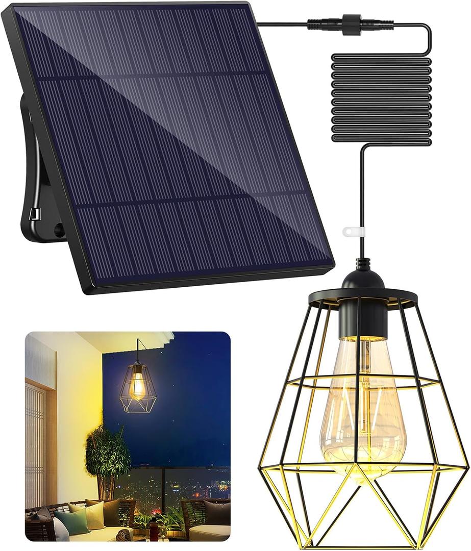 Intelamp Solar Pendant Light With 4000mAh Battery - Black Metal Basket Chandelier, Retro Style Ceiling Light for Indoor and Outdoor Use - Warm White