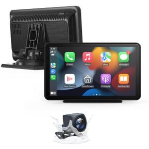 Wireless Carplay Screen for Car 7" Portable Apple Carplay & Android Auto Car Stereo with Backup Camera, GPS Navigation/Mirror Link/Voice Control Siri/Bluetooth FM, AUX for All Vehicles