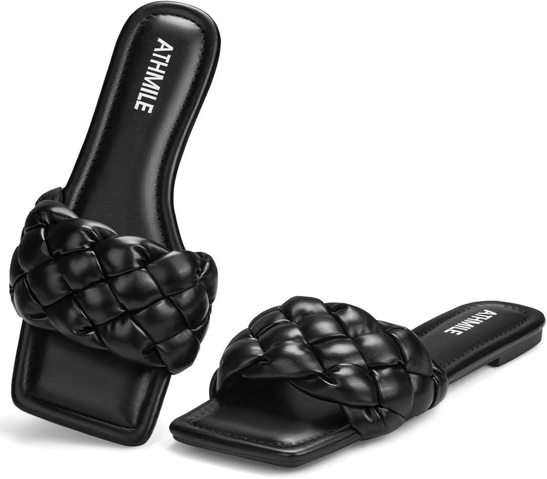 ATHMILE Braided Womens Sandals Square Open Toe Fashion Slide Sandals Women Dressy Summer Flat Beach 2025 Size 6-11 (9, Black)