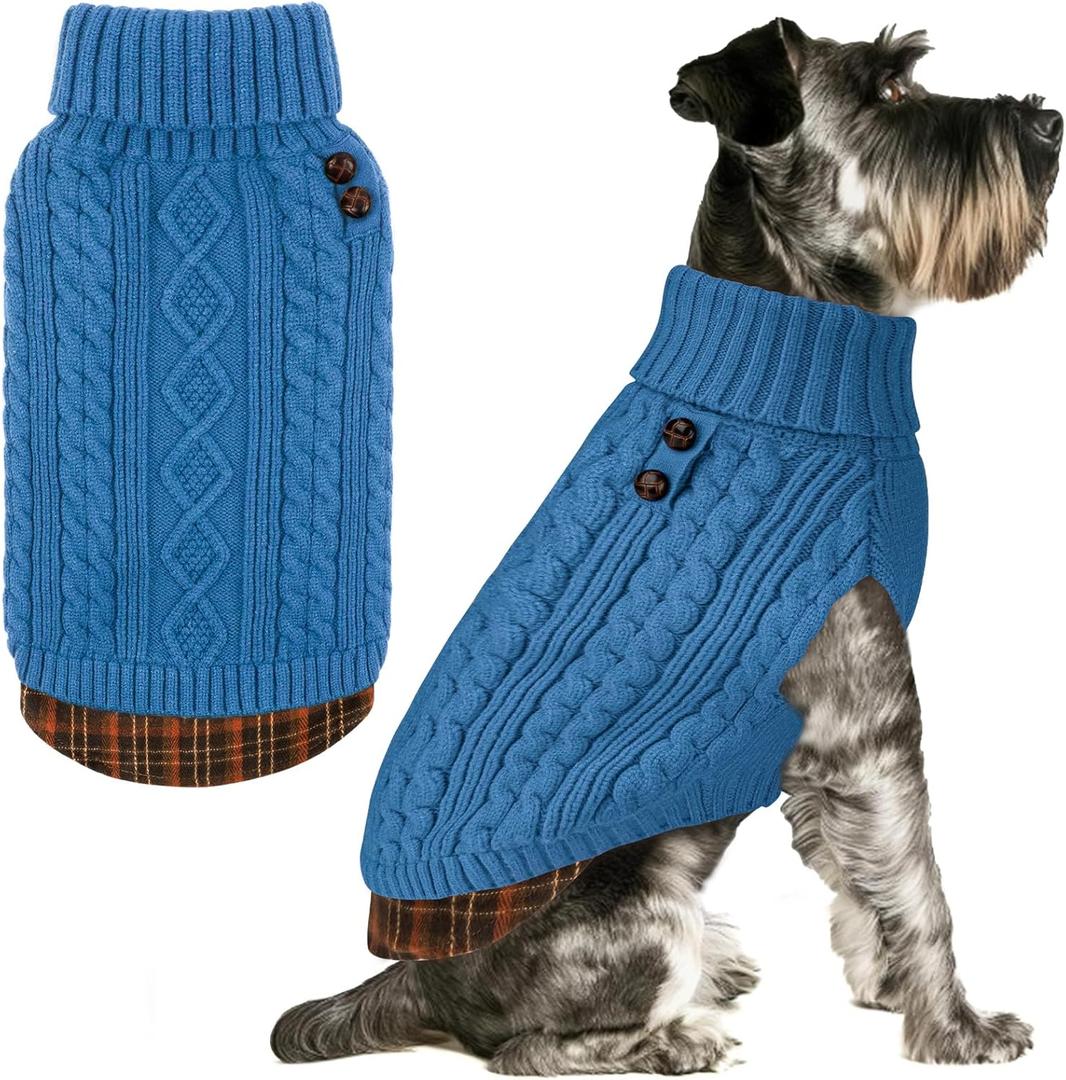 KYEESE Dog Sweater Stretchy Knitwear Cat Clothes Comfy Pet Coat for Fall Winter Cold Weather Warm Turtleneck Small Dogs Sweater with Gingham Patchwork Soft Pullover Dog Sweaters for Small Dogs Male (Medium7-13lbs, 8# Light blue)