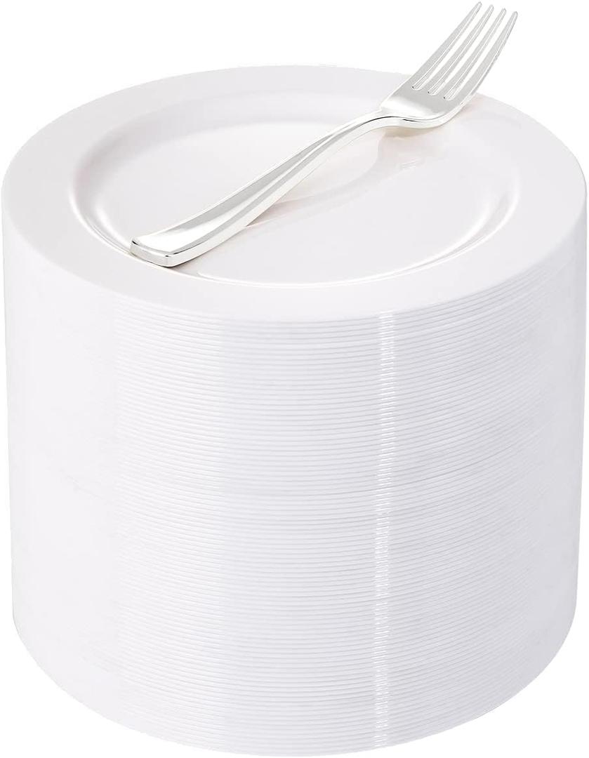 WELLIFE 100 Pieces White Plastic Dessert Plates with 100pcs Silver Disposable Forks, Premium Hard Salad Plate 7.5, Appetizer Plastic Plates for Wedding, Party