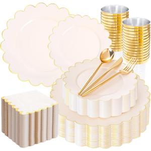 LIYH 210 Pcs Ivory Plastic Plates Scalloped Plastic Plates Disposable Dinnerware Set Cream Gold Scalloped Plate Include Plate Gold Silverware Napkins Cup for Birthday Valentine's Day 30 Guests (Beige with Gold)