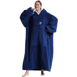 Wearable Blanket Hoodie for Women - Oversized Hooded Blanket for Adults Cozy Christmas Birthday Gifts for Mom Dad Fluffy Plush Blanket Sweatshirt Navy Blue (Adults Extra Long)