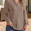 Long Sleeve Shirts for Women V Neck Lace Knit Tunic Tops Business Dressy Casual Work Blouses Loose Fit 2025 Fall (L)