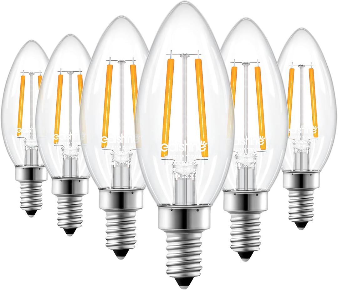 EDISHINE E12 LED Candelabra Bulb, 5W Equivalent 60W 2700K 500LM Warm Light, Dimmable Chandelier Light Bulbs, LED Candle Light Bulbs for Ceiling Fan, Dining Room, Christmas Decor UL Listed, 6 Pack