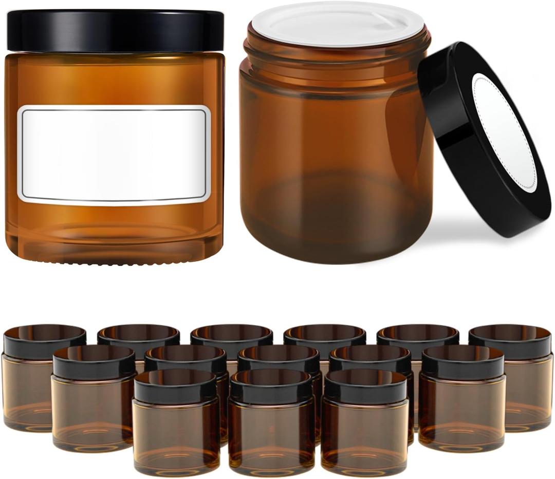 4 oz Glass Jars with Lids, 16 Pack Amber Jars with Lids & Inner Liners, Wide Mouth | Glass Black Mason Jars for Cream, Lotion, Honey, Jam, Jelly | Kitchen & Home