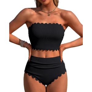Charmo Strapless High Waisted Bikini Sets for Women Tummy Control Scallop Ribbed Bandeau Swimsuit 2026 (Black, S)