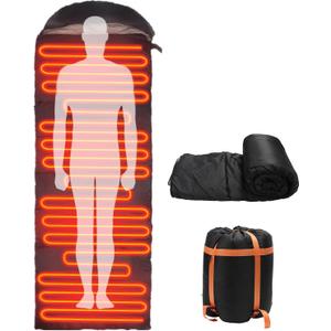 Heated Sleeping Bag, Electric Warm Bag Pad with 3 Adjustable Heating Levels, USB Powered Heating Pads Adjustable Hood, 0 Degree Camping Sleeping Bag Keep Warm for Cold Weather Outdoor Hiking (Black)