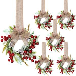 Zeyune 6 Set 9'' Mini Christmas Wreaths for Cabinets Real Touch Small Christmas Wreaths with Burlap Ribbon and Red Berry Rustic Farmhouse for Kitchen Wall Window Indoor Outdoor Chair Fireplace Decor