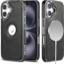 KECAKE for iPhone 16 6.1 Inch Case Luxury Leather Logo Visible Vintage Ultra Slim Protective Cover (Black with Black Trim)