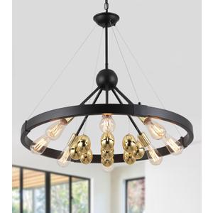 Q&S Black and Gold Wagon Wheel Chandelier,8 Lights Modern Farmhouse Round Circle Golden Eggs Light Fixtures for Dining Room Living Room Bedroom Foyer Kitchen Hotel UL Listed