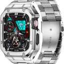 Stainless Steel Watch Band with Case Compatible with Apple Watch Series 9 8 7 (45mm), Rugged Strap with Metal Protective Bumper Cover for iWatch Bands Men (Silver)