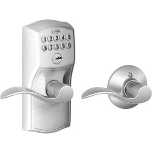 Schlage Camelot Keypad Lock with Lever Handle, Electronic Keyless Door Entry, AutoLock Enabled, Satin Chrome, FE575 CAM 626 ACC