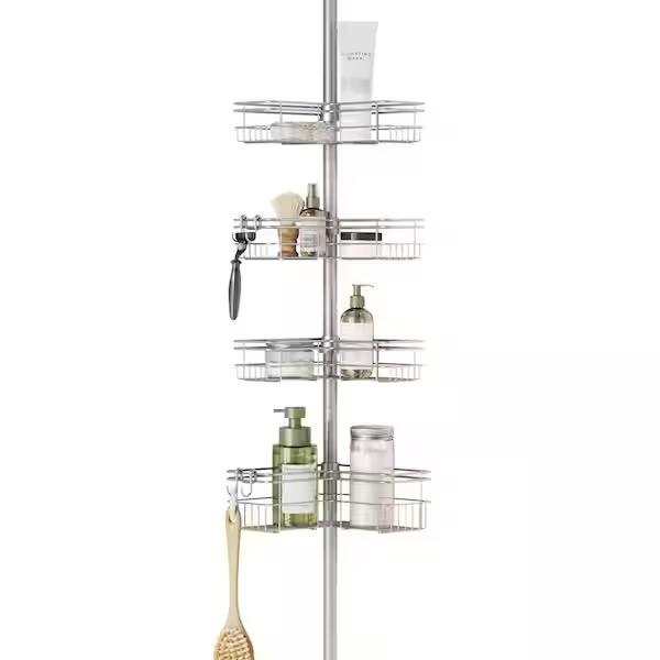 Zenna Home Tension Pole Shower Caddy Corner Organizer, Adjustable Standing Shower Caddy with 4 L-shaped Baskets and Hooks, Rust Resistant Bathroom Tension Rod Organizer, 60 to 97 Inch, Satin Nickel