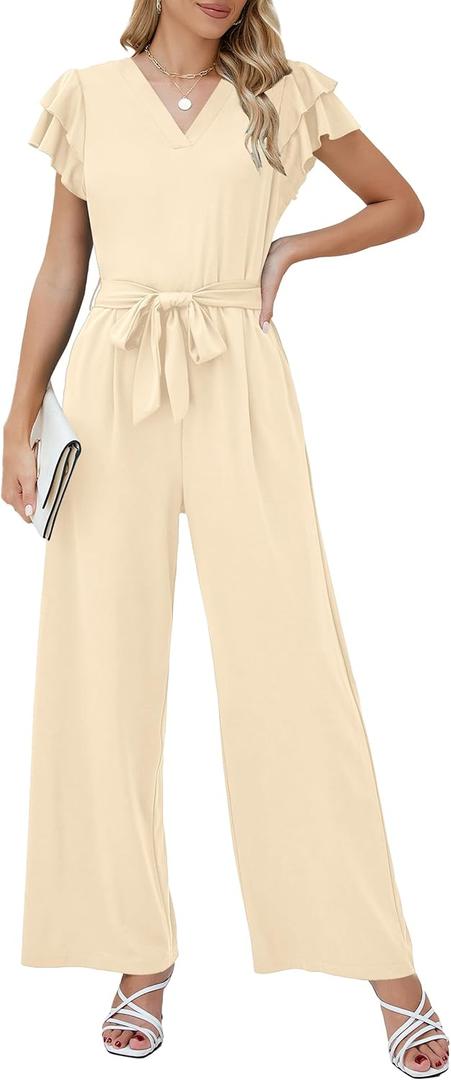 Blooming Jelly Women Dressy Jumpsuits One Piece Business Casual outfits Ruffle Sleeve V Neck Belted Summer Rompers (X-Large, Off-white)