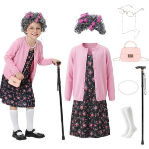 100 Days of School Old Lady Costume for Kids 11 PCS Grandma Granny Costume Old Lady Accessories Outfit for Girls (110(3T / 4T), Black)