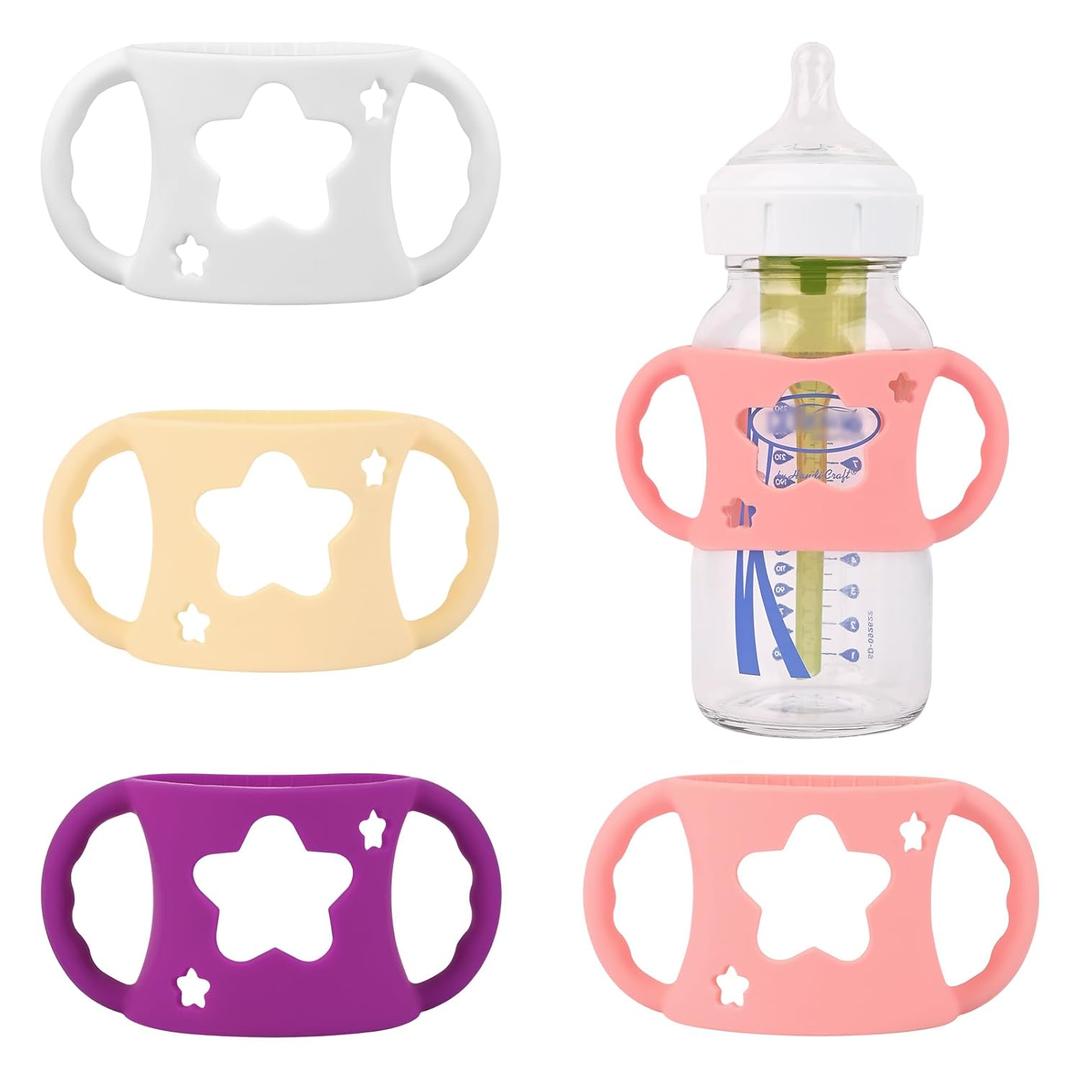 4 Pack Baby Bottle Handles, Silicone Bottle Handles for Dr Brown Wide-Neck Baby Bottles (White+Pink+Purple+Yellow)