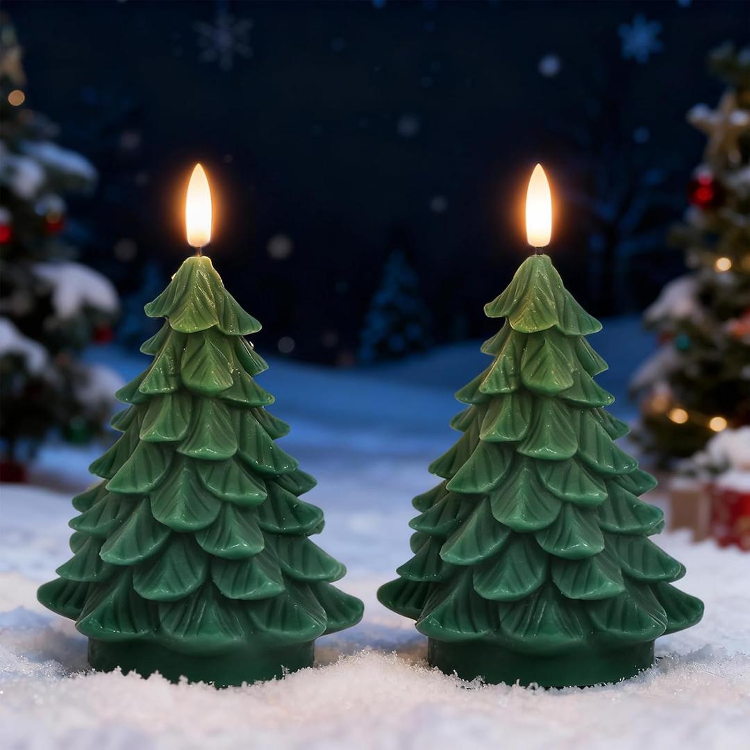 Christmas Tree Shaped LED Candles with 6H Timer, 2 Pcs Flameless Pillar Candles Flickering, Battery Operated LED Candle with 3D Flame Wick, Green Candles for Home Dcor Christmas Gifts