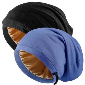 NICPOO Silk Satin Bonnet Hair Wrap for Sleeping, Adjustable Silk Bonnets for Women Men Sleep Cap Silk Lined Slouchy with Adjustable Strap Curly Hair Head Scarf Night Caps Blue）