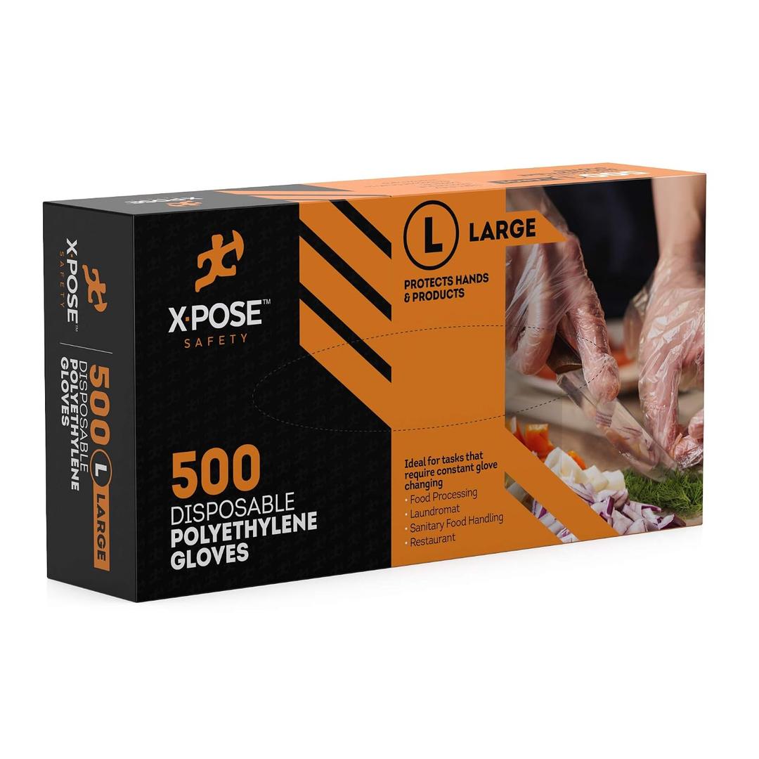 Xpose Safety Clear Disposable Poly Gloves - 500 Medium - Non Latex Gloves - Kitchen Prep, Restaurant, Cooking, Cleaning, Hair Dye, Dishwashing, Industrial Disposal, L