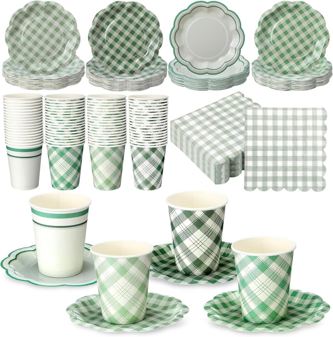 Yungyan 216 Pcs 72 Guests Sage Green Gingham Party Supplies 6 Inch Plaid Paper Plates and 9 oz Cups and Napkins Tableware Set for Birthday Bridal Shower BBQ Picnic Party Supplies Decoration