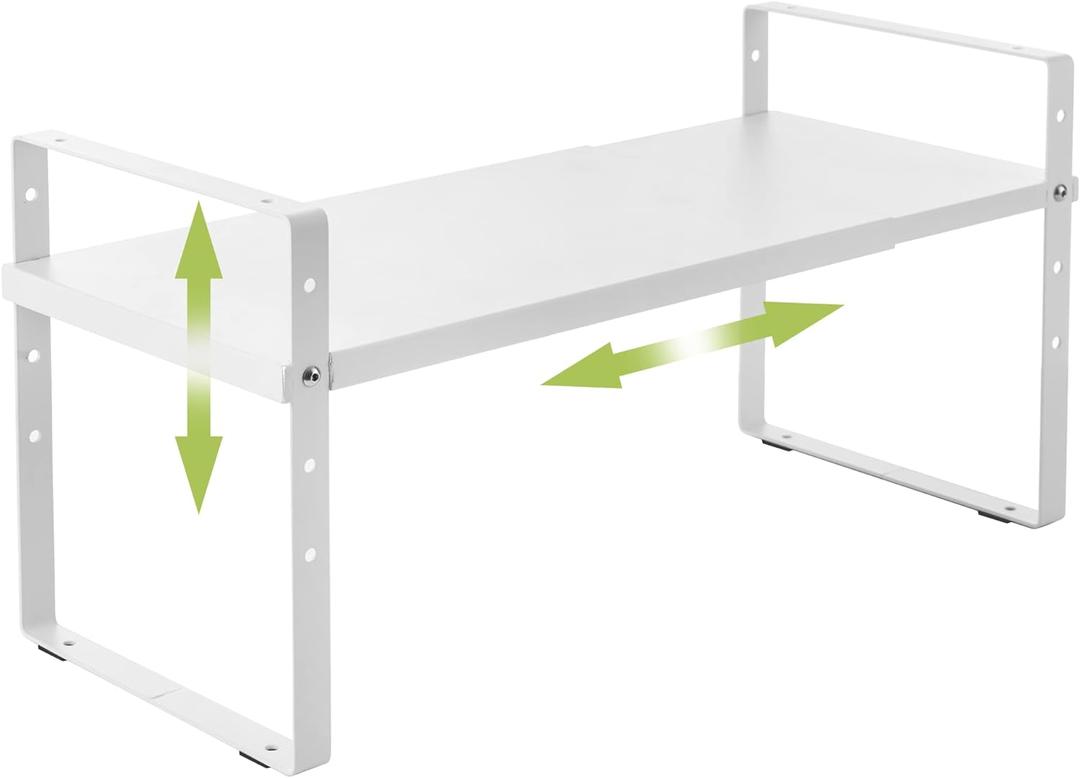 Expandable Cabinet Shelf Organizer Rack, Stackable Kitchen Counter Storage Shelves Stand, Adjustable Height Pantry Shelf Spice Rack (White, 1 Pack) (8.7''D*15.7-25.6''W*9.8''H)