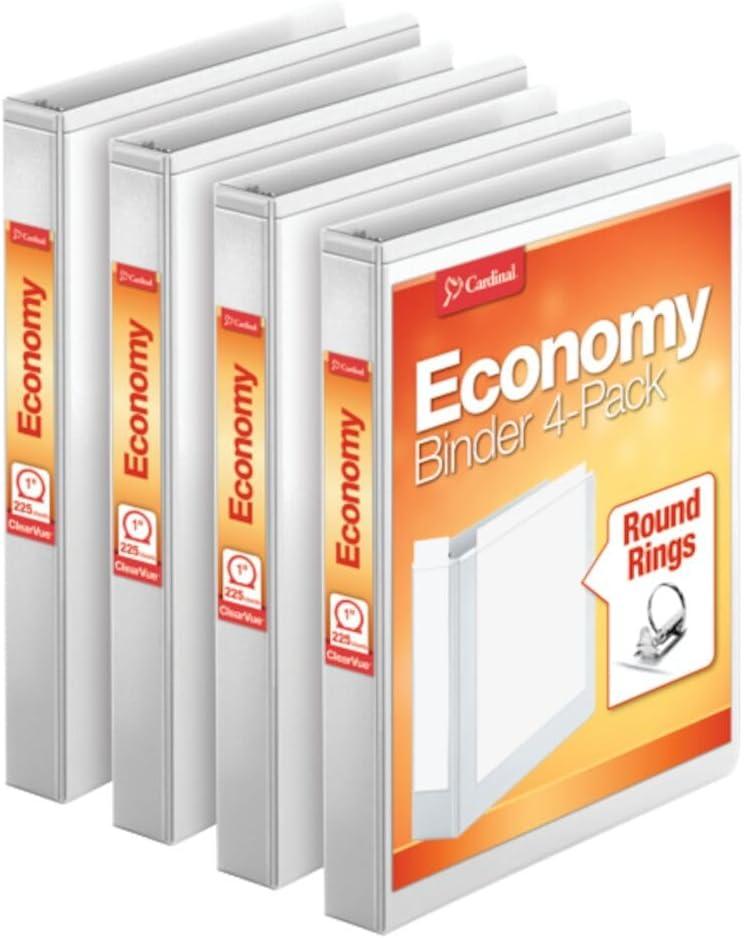 Cardinal Economy 3 Ring Binder, 1 Inch, Presentation View, White, Holds 225 Sheets, Nonstick, PVC Free, 4 Pack of Binders 