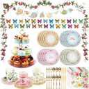 20 Pcs Floral Tea Party Dinnerware Set Include 9 oz Paper Cups and Saucers, Napkins, 3 Tier Cake Stand, Serving Platter, Butterfly Decorations, Flower Banner Tableware for Birthday Wedding