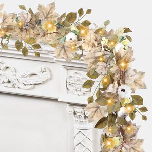 Sggvecsy Fall Maple Leaf Garland with Lights Artificial Fall Garland Autumn Hanging Foliage with White Pumpkins Berries Twigs for Home Indoor Outdoor Thanksgiving Harvest Fireplace Mantle Party Decor