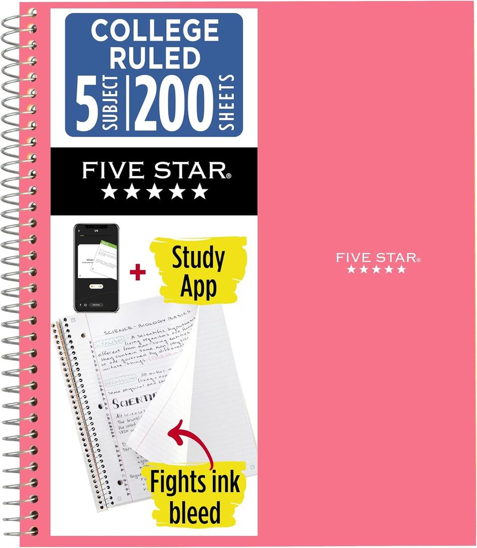 Five Star Spiral Notebook + Study App, 5 Subject, College Ruled Paper, 8-1/2" x 11", 200 Sheets, Fights Ink Bleed, Water Resistant Cover, Prom Pink (820004R)