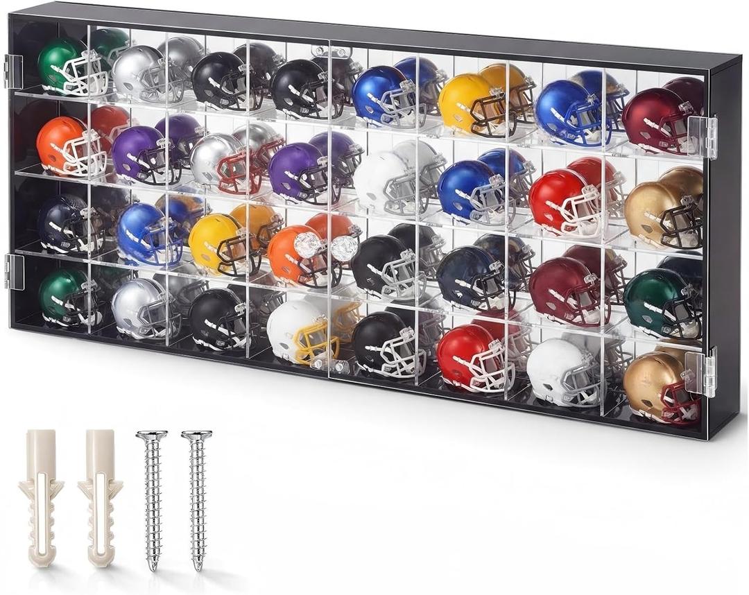 Leinuosen 32 Acrylic Pocket Size Helmet Display Case for Pocket Football Helmets Mini Baseball Helmets Stand Display Cabinet Holder Rack Wall Mount with Clear Double Door, 22 x 8.6 x 2 Inch, 4x8 Grid