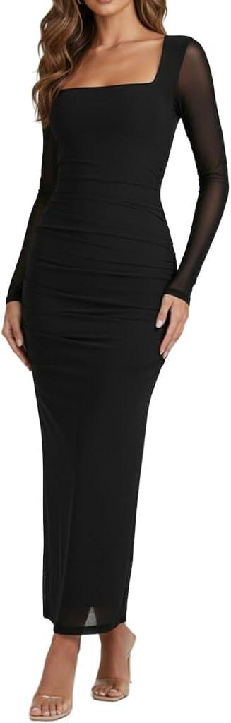 Narecte Women's Formal Dresses Mesh Ruched Maxi Dress Square Neck Long Sleeve Bodycon Fall Wedding Guest Cocktail Dress (Medium, Black)