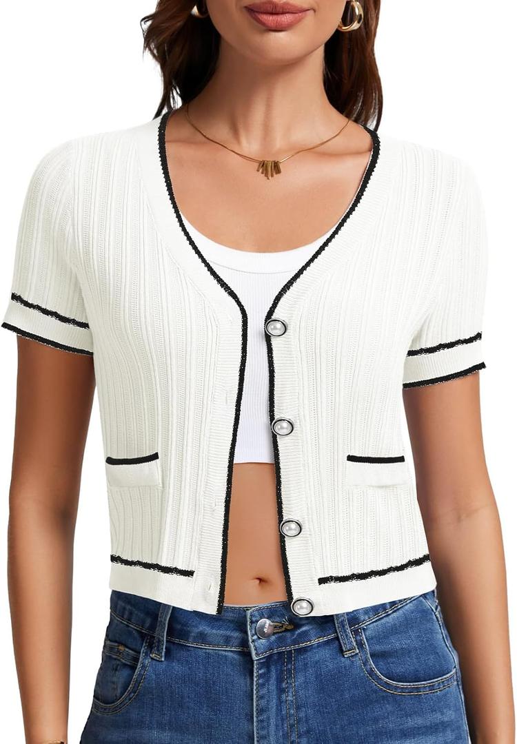 DRESSTELLS Cropped Cardigan Sweater, Summer Short Sleeves Lightweight Casual Ribbed Button Down Shrugs Tops for Women 2025 White M