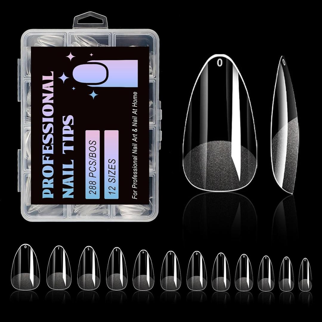Short Almond Nail Tips, 288PC Gel Acrylic Nail Tips, Clear Nail Tips, Nail Supplies Suitable for Women or Girls to DIY Nails 12 Sizes For Your Choice!
