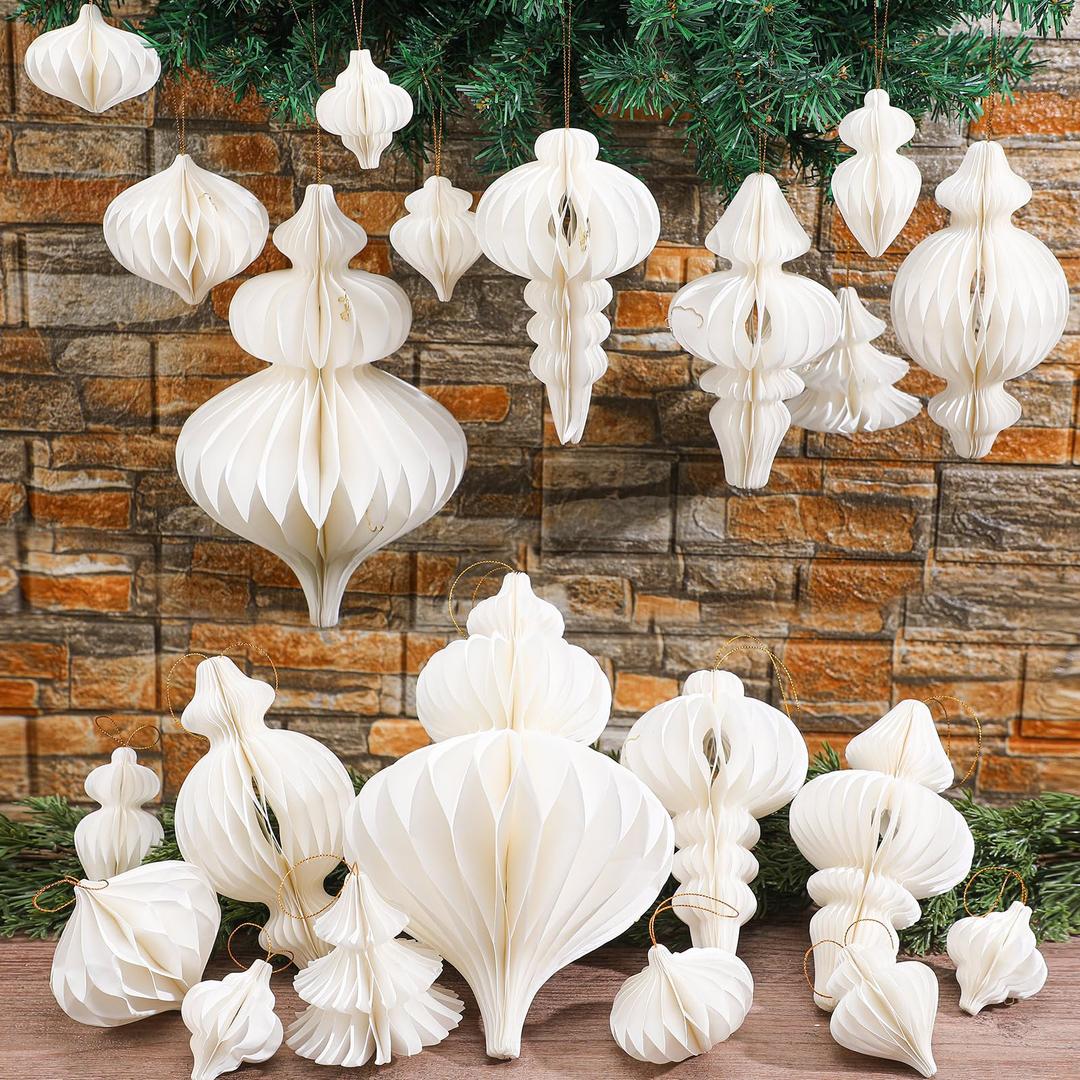Cinnvoice 12 Pcs Christmas Large Hanging Honeycomb Balls Jumbo 3D Paper Christmas Tree Ornaments Decorative Lantern Honeycomb Decorations for Holiday Winter Xmas Party Wonderland(White)