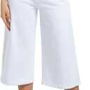Myzellia Wide Leg Capri Pants for Women Stretchy High Waisted Frayed Hem Loose Denim Jeans White Small