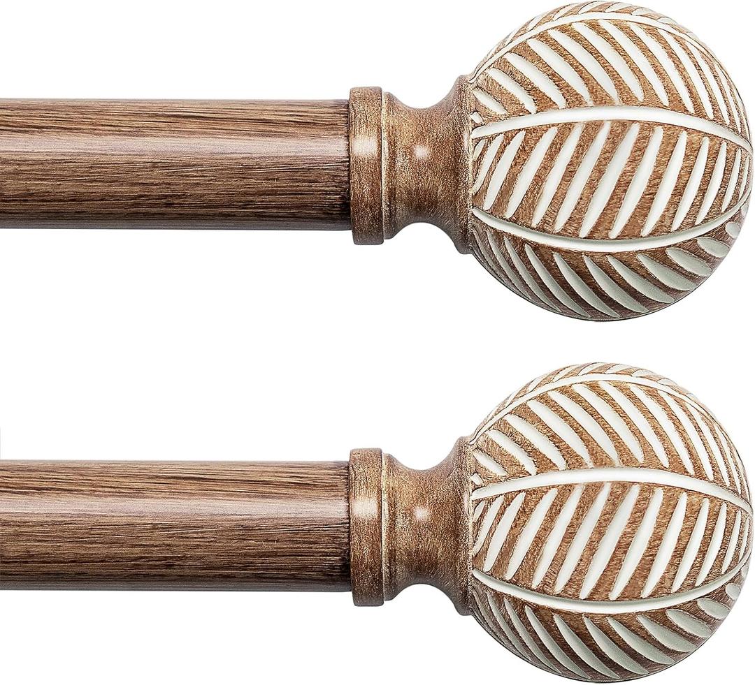 Wood Curtain Rods for Windows: 1 Inch Diameter Adjustable Drapery Rods 32" to 45",2 Pack Boho Curtain Rod with Imitation Wood Grain Leaf Pattern Finials