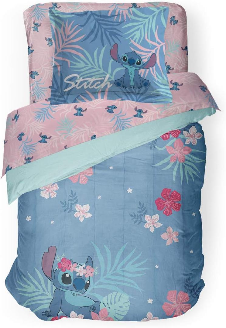 Jay Franco Disney Lilo & Stitch Paradise Dream Full Comforter & Sham Set - Super Soft Kids Reversible Bedding - Fade Resistant Microfiber (Official Disney Product),Blue - Lilo & Stitch, Full