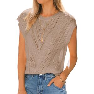 Langwyqu Womens Cap Sleeve Tops Summer Crew Neck Shirt Lightweight Crochet Knit Sweater (Small)