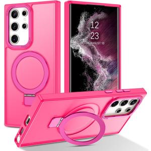 DUEDUE for Samsung Galaxy S22 Ultra Case with Ring Stand[Compatible with Magsafe], Translucent Matte Back Cover Slim Shockproof Kickstand Phone Case for Samsung S22 Ultra 6.8", Hot Pink