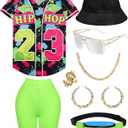 80s 90s Outfit for Women Baseball Jersey Shirt Shorts Fanny Pack Retro Party Costume Repper Accessories, Large 