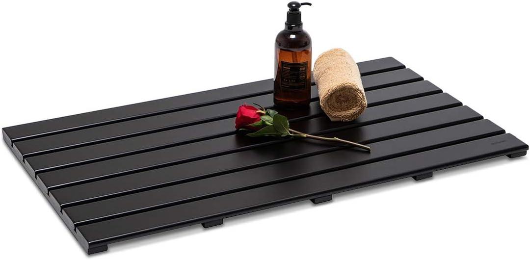 GOBAM Bamboo Bath Mat, Extra Large, 31.50 x 18.35 x 1.3 inches - Non-Slip Floor Mat for Bathroom, Spa, Sauna, Kitchen, Indoor & Outdoor Spaces, Shower Mat for Bathroom Decor - Black